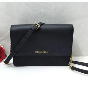 Michael Kors Black Lather Flap Closure Chain Strap Crossbody Bag